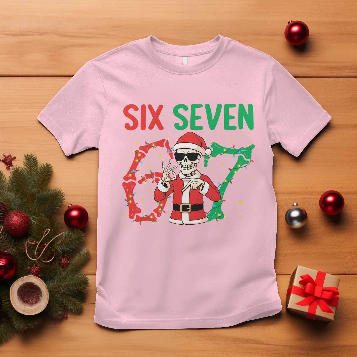 Funny Santa Skeleton Says Six Seven T Shirt Christmas Meme Gift TS12 Light Pink Print Your Wear