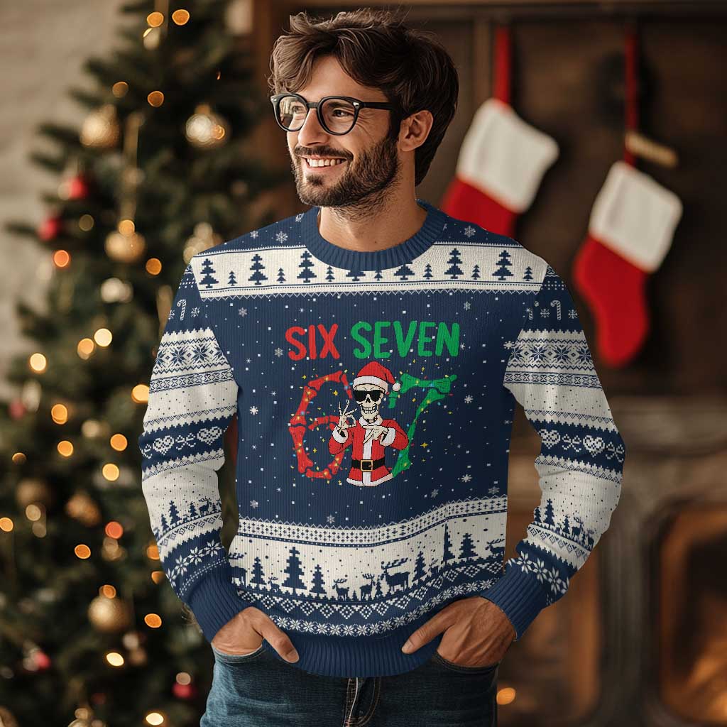 Funny Santa Skeleton Says Six Seven Ugly Christmas Sweater Xmas Meme Gift TS12 Navy Beige Print Your Wear