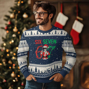 Funny Santa Skeleton Says Six Seven Ugly Christmas Sweater Xmas Meme Gift TS12 Navy Beige Print Your Wear