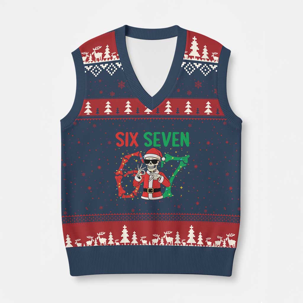 Funny Santa Skeleton Says Six Seven V-Neck Knit Sweater Vest Xmas Meme Gift TS12 Navy Red Print Your Wear