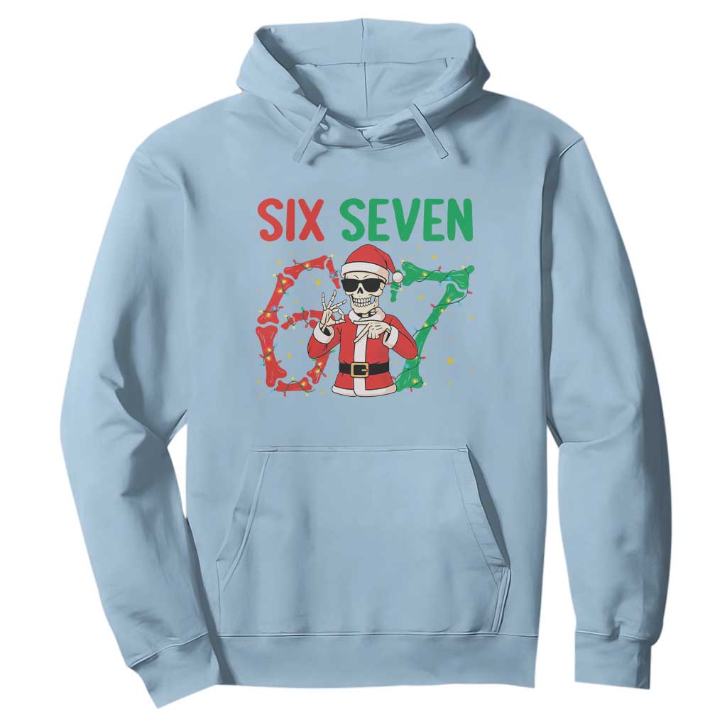 Funny Santa Skeleton Says Six Seven Hoodie Christmas Meme Gift TS12 Light Blue Print Your Wear