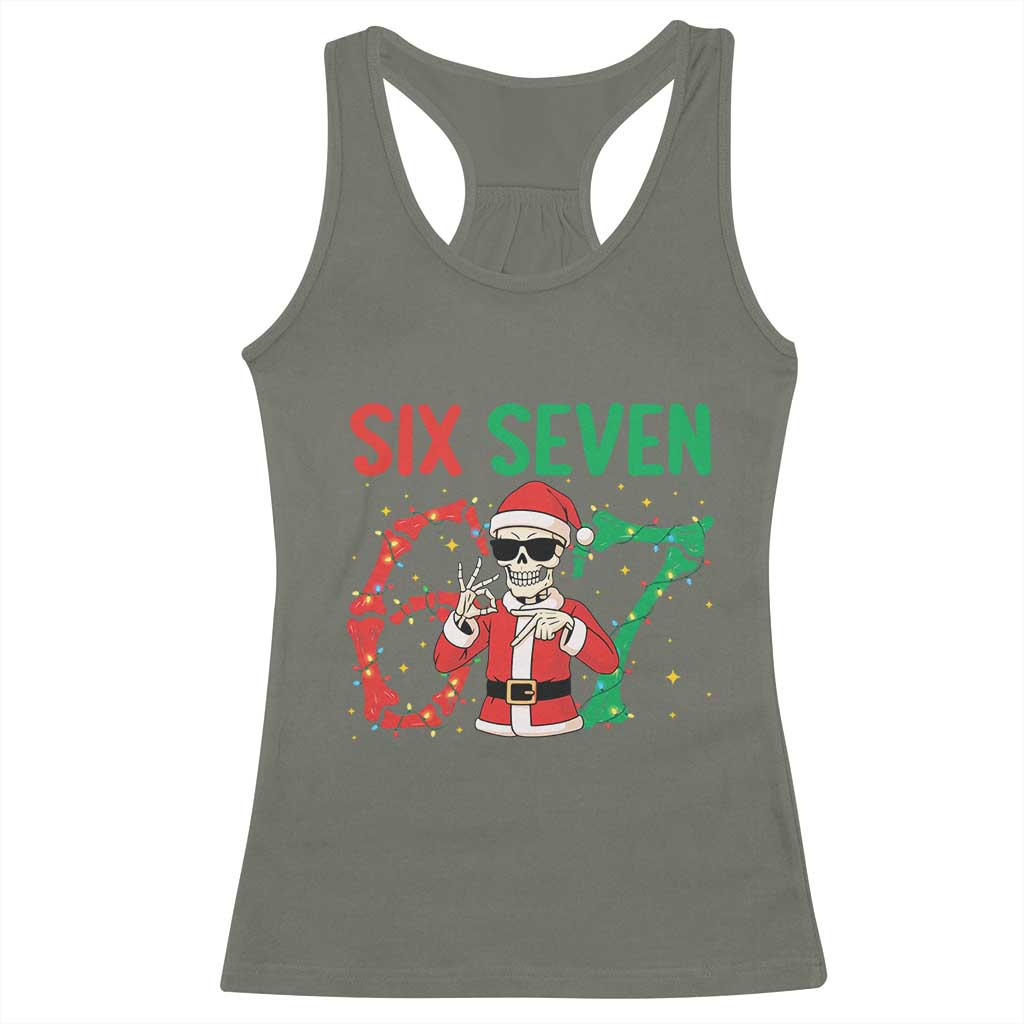 Funny Santa Skeleton Says Six Seven Racerback Tank Top Christmas Meme Gift TS12 Military Green Print Your Wear