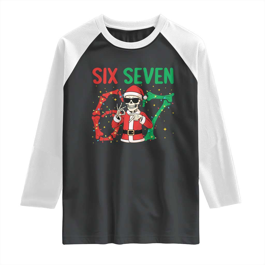 Funny Santa Skeleton Says Six Seven Raglan Shirt Christmas Meme Gift TS12 Black White Print Your Wear