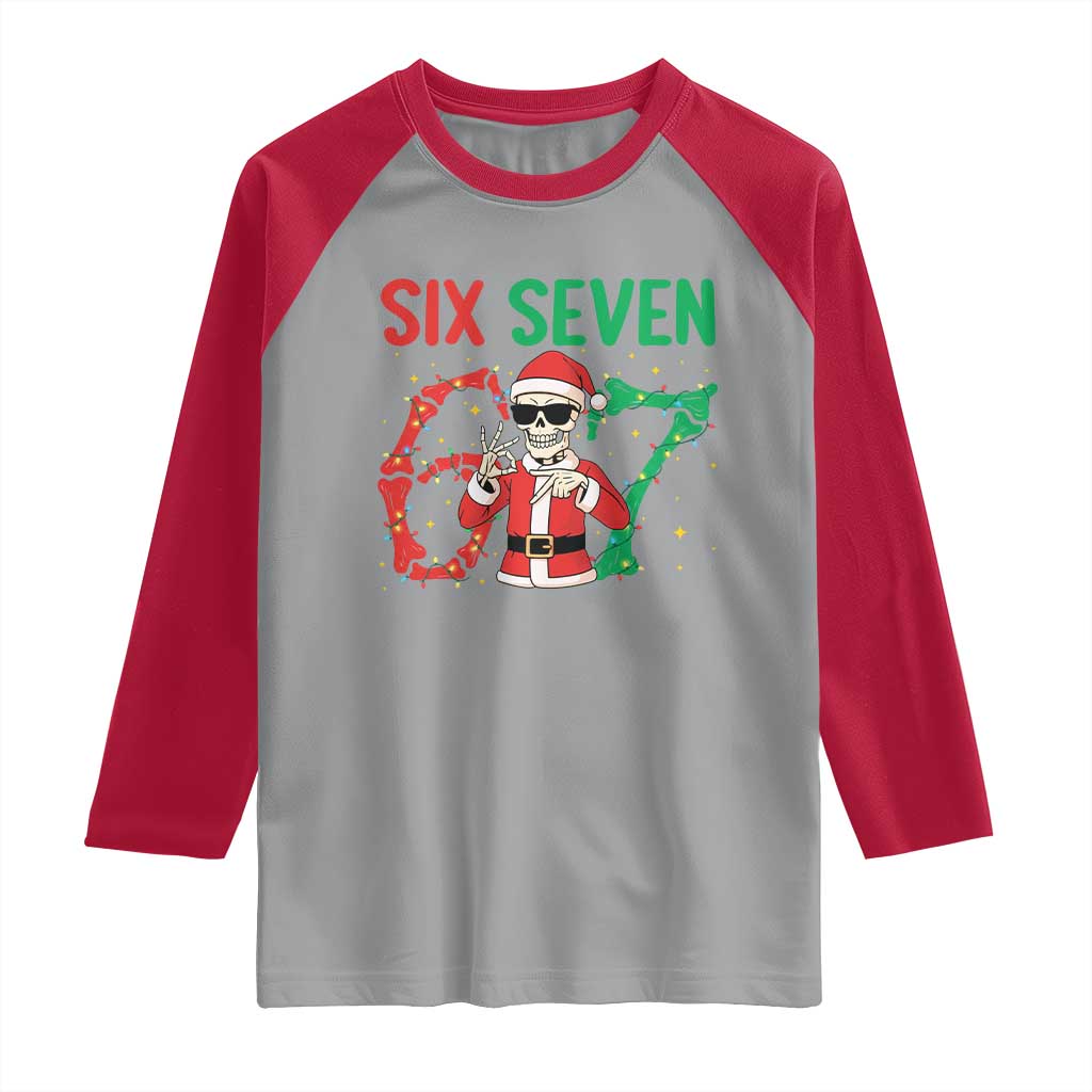 Funny Santa Skeleton Says Six Seven Raglan Shirt Christmas Meme Gift TS12 Sport Gray Red Print Your Wear