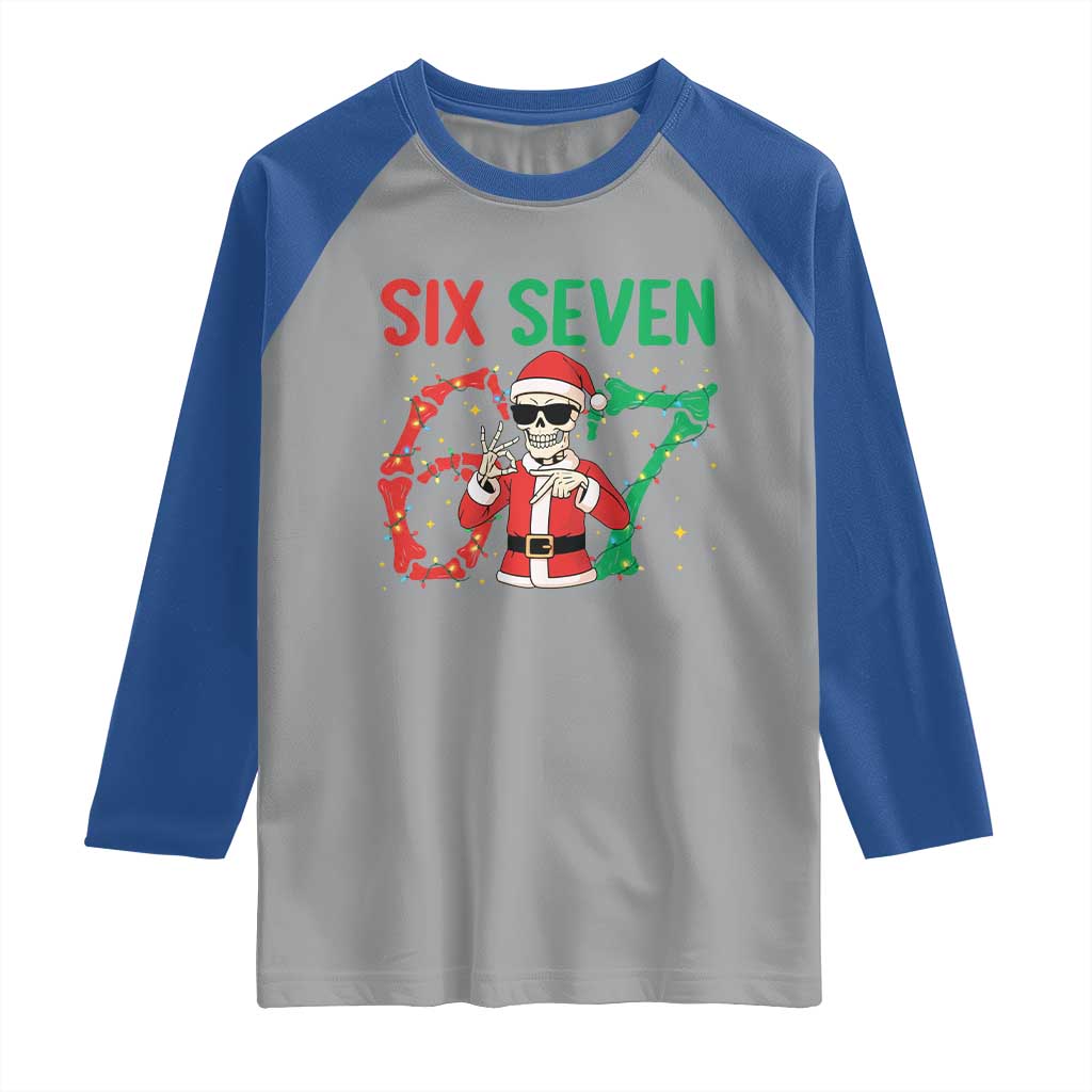 Funny Santa Skeleton Says Six Seven Raglan Shirt Christmas Meme Gift TS12 Sport Gray Royal Print Your Wear