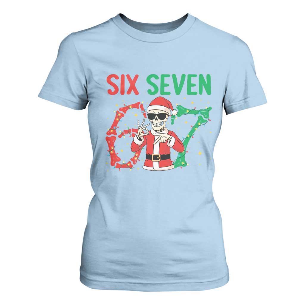Funny Santa Skeleton Says Six Seven T Shirt For Women Christmas Meme Gift TS12 Light Blue Print Your Wear