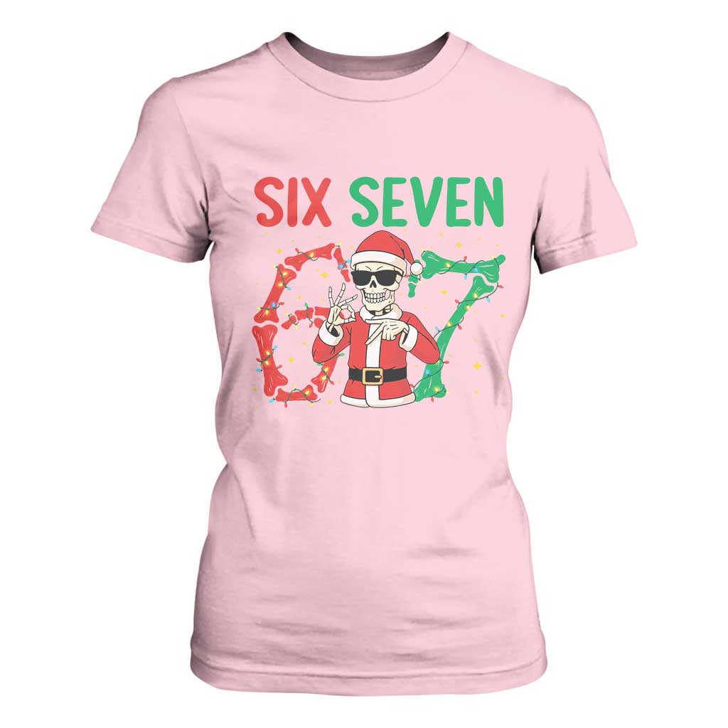 Funny Santa Skeleton Says Six Seven T Shirt For Women Christmas Meme Gift TS12 Light Pink Print Your Wear