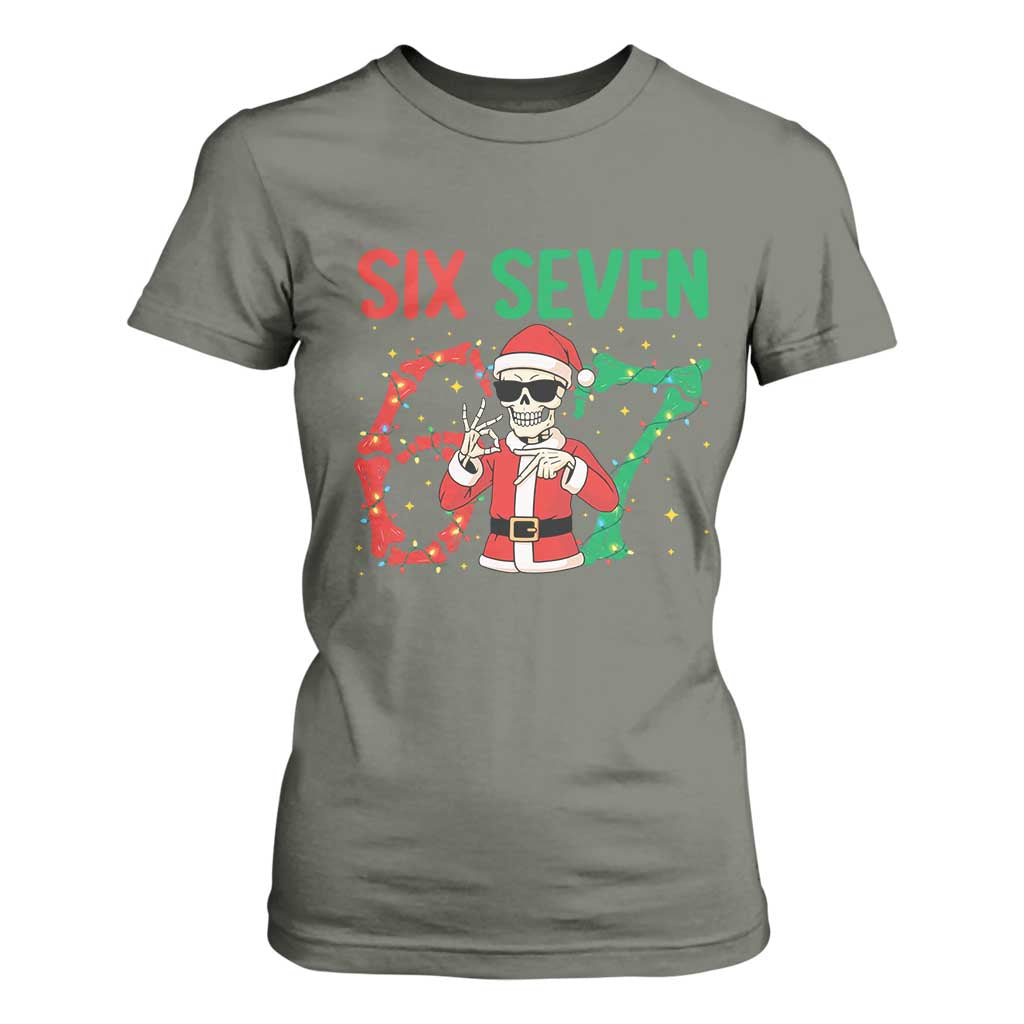 Funny Santa Skeleton Says Six Seven T Shirt For Women Christmas Meme Gift TS12 Military Green Print Your Wear