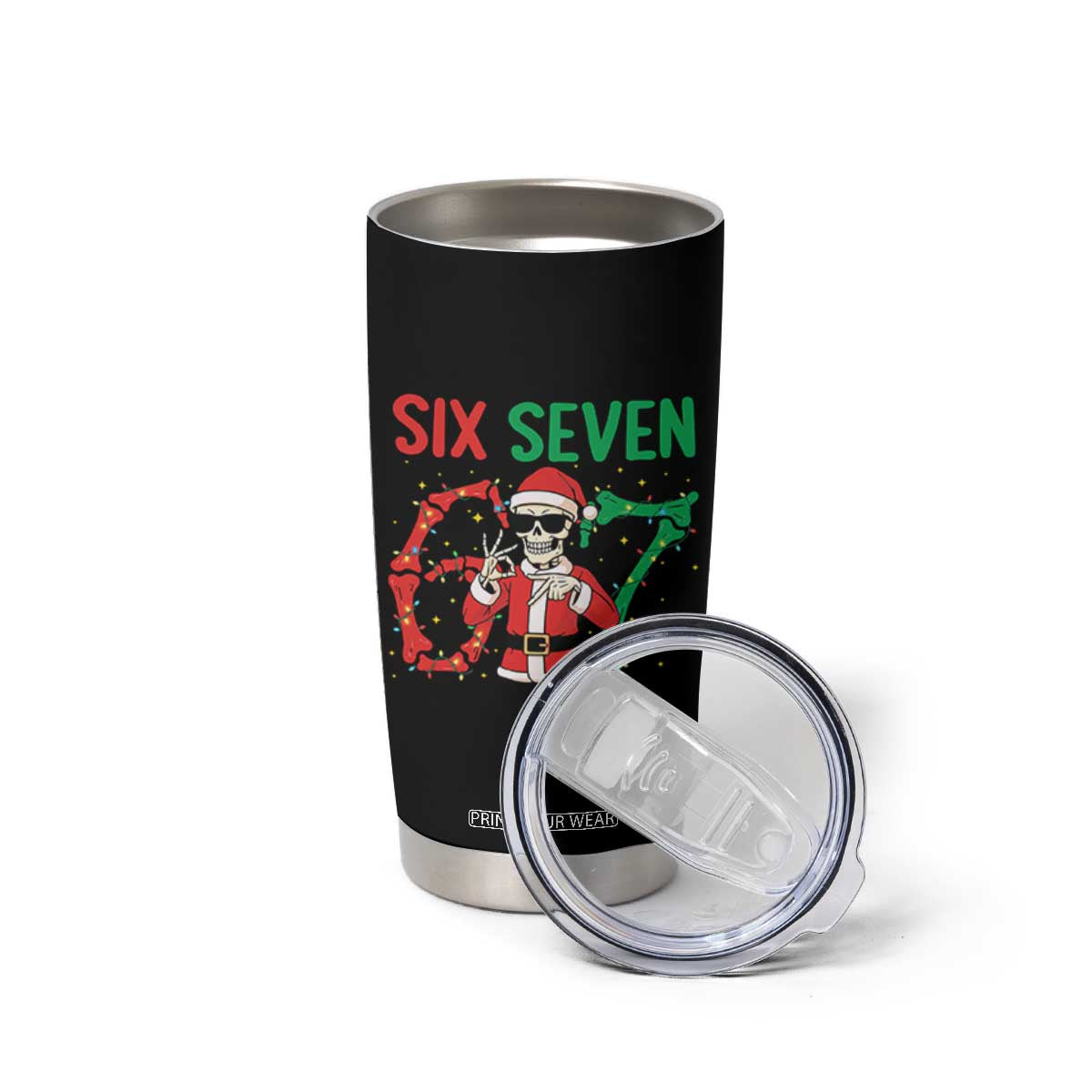 Funny Santa Skeleton Says Six Seven Tumbler Cup Christmas Meme Gift TS12 Print Your Wear