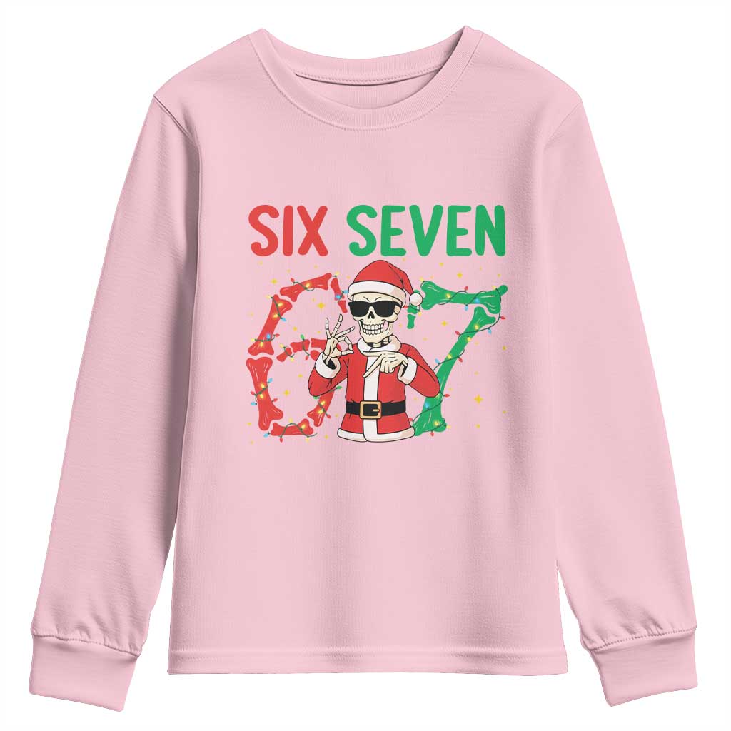 Funny Santa Skeleton Says Six Seven Youth Sweatshirt Christmas Meme Gift TS12 Light Pink Print Your Wear