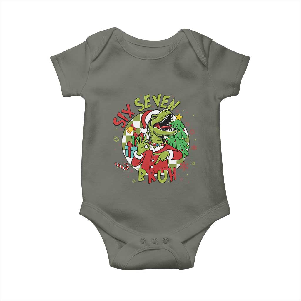 Funny Christmas Dinosaur Lover Gift Baby Onesie Trending Six Seven Bruh TS12 Military Green Print Your Wear