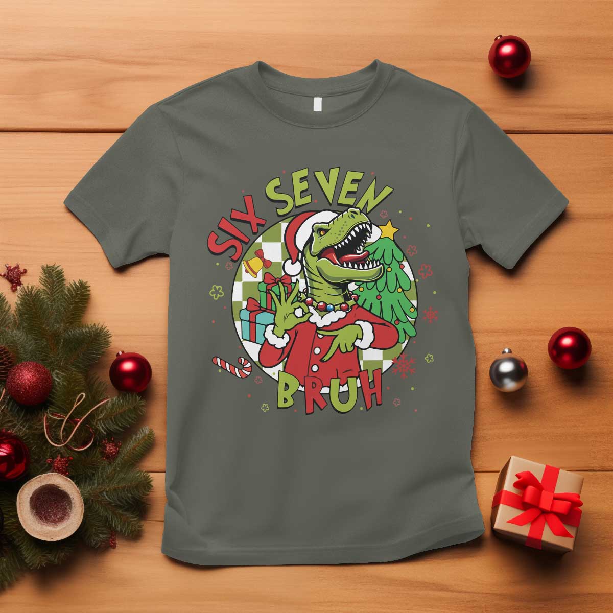 Funny Christmas Dinosaur Lover Gift T Shirt Trending Six Seven Bruh TS12 Military Green Print Your Wear