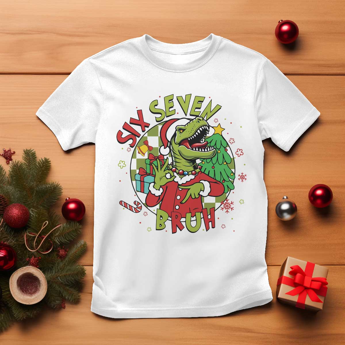 Funny Christmas Dinosaur Lover Gift T Shirt Trending Six Seven Bruh TS12 White Print Your Wear