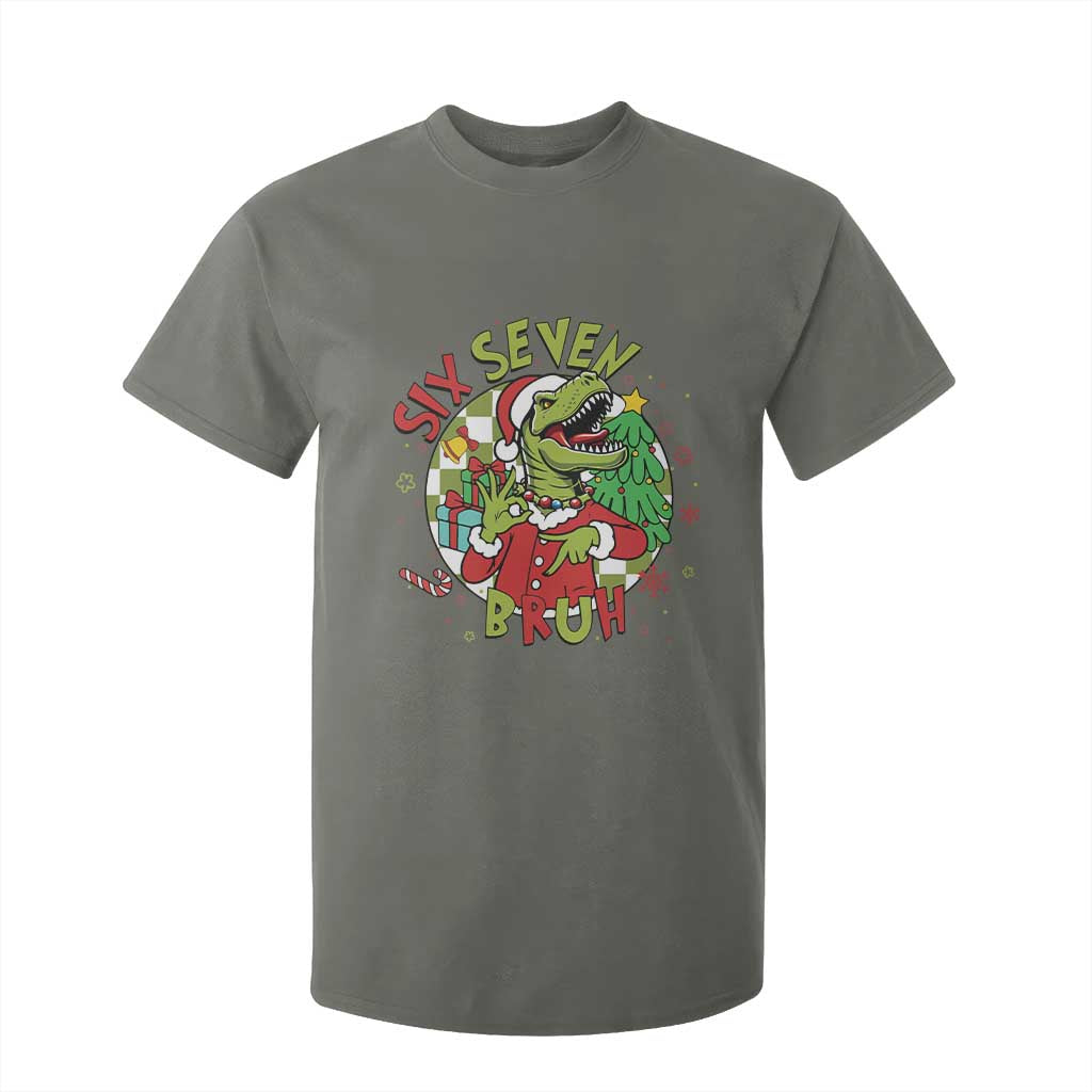 Funny Christmas Dinosaur Lover Gift T Shirt For Kid Trending Six Seven Bruh TS12 Military Green Print Your Wear