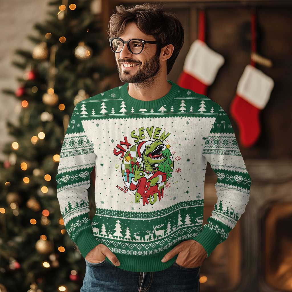 Funny Xmas Dinosaur Lover Gift Ugly Christmas Sweater Trending Six Seven Bruh TS12 Beige Green Print Your Wear
