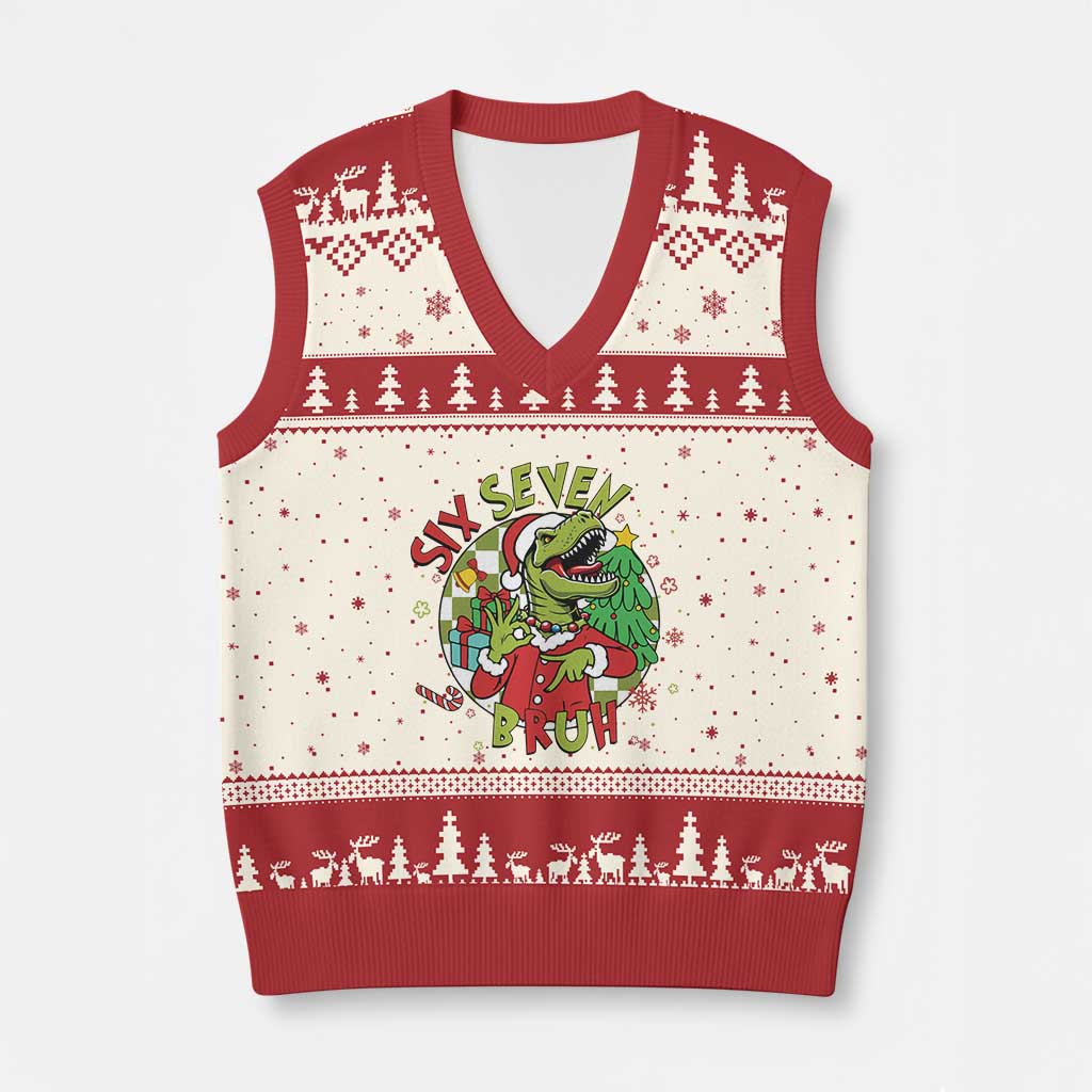 Funny Xmas Dinosaur Lover Gift V-Neck Knit Sweater Vest Trending Six Seven Bruh TS12 Beige Red Print Your Wear