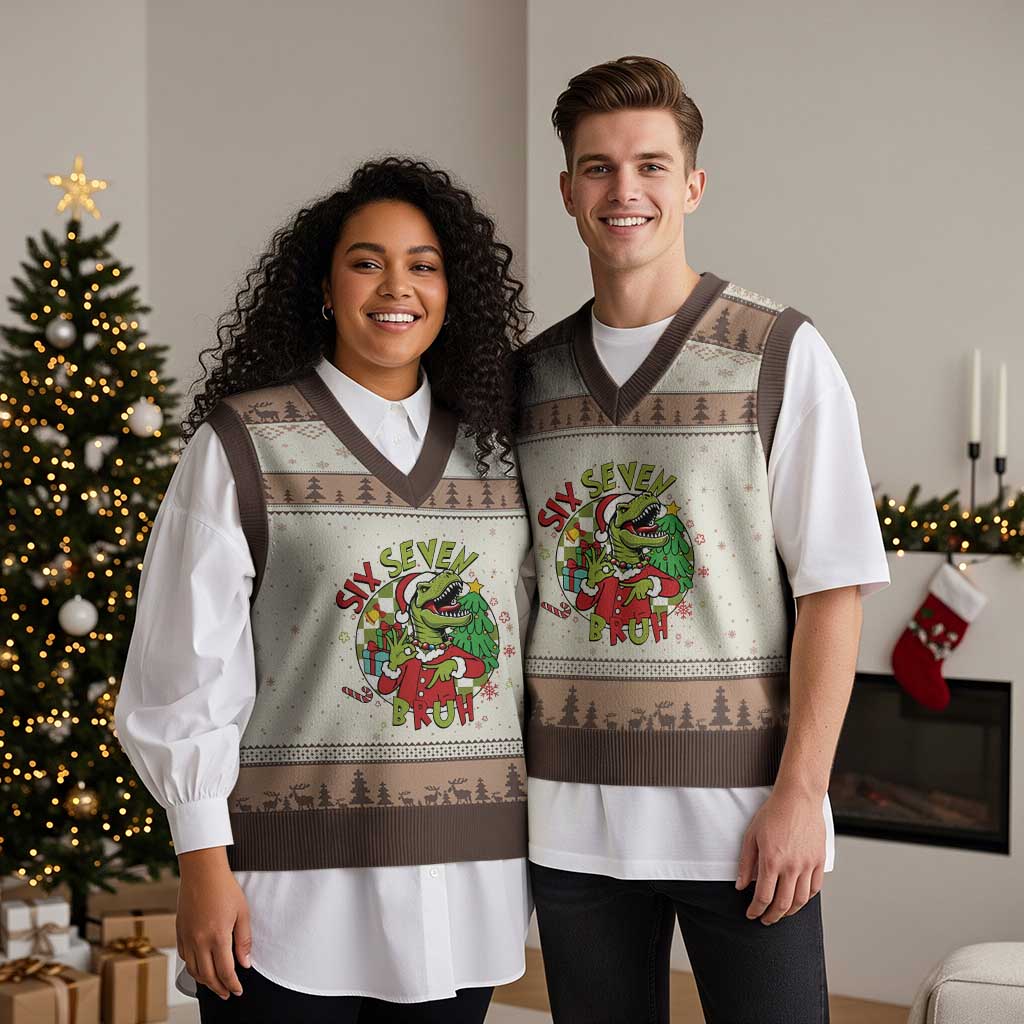 Funny Xmas Dinosaur Lover Gift V-Neck Knit Sweater Vest Trending Six Seven Bruh TS12 Mocha Mousse Print Your Wear