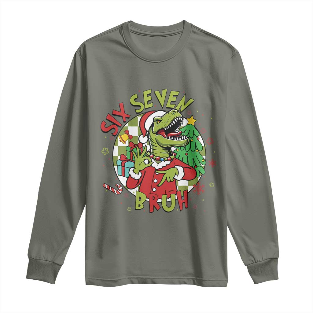 Funny Christmas Dinosaur Lover Gift Long Sleeve Shirt Trending Six Seven Bruh TS12 Military Green Print Your Wear