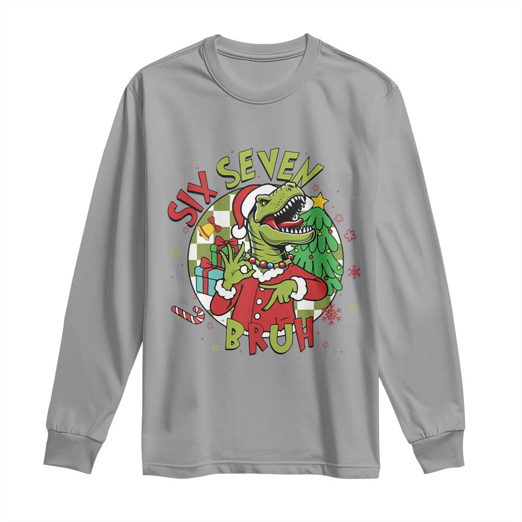 Funny Christmas Dinosaur Lover Gift Long Sleeve Shirt Trending Six Seven Bruh TS12 Sport Gray Print Your Wear