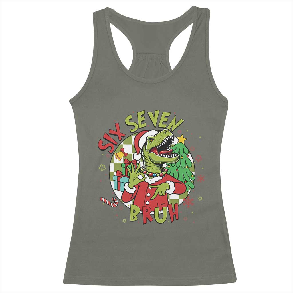 Funny Christmas Dinosaur Lover Gift Racerback Tank Top Trending Six Seven Bruh TS12 Military Green Print Your Wear