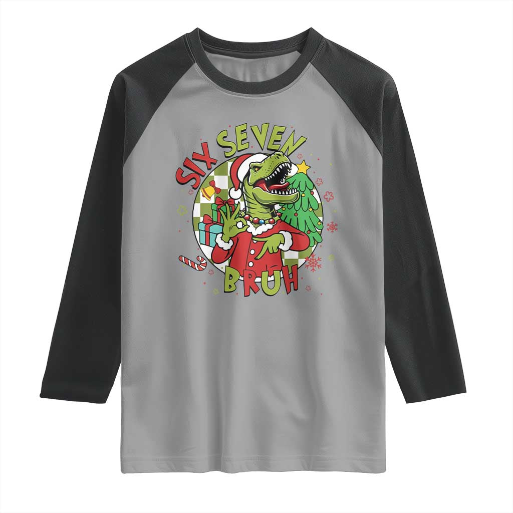 Funny Christmas Dinosaur Lover Gift Raglan Shirt Trending Six Seven Bruh TS12 Sport Gray Black Print Your Wear