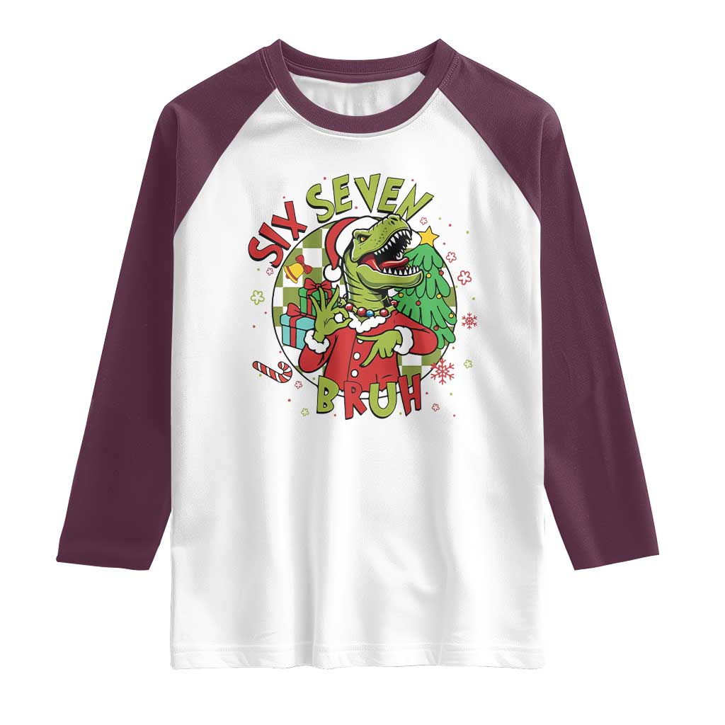 Funny Christmas Dinosaur Lover Gift Raglan Shirt Trending Six Seven Bruh TS12 White Maroon Print Your Wear