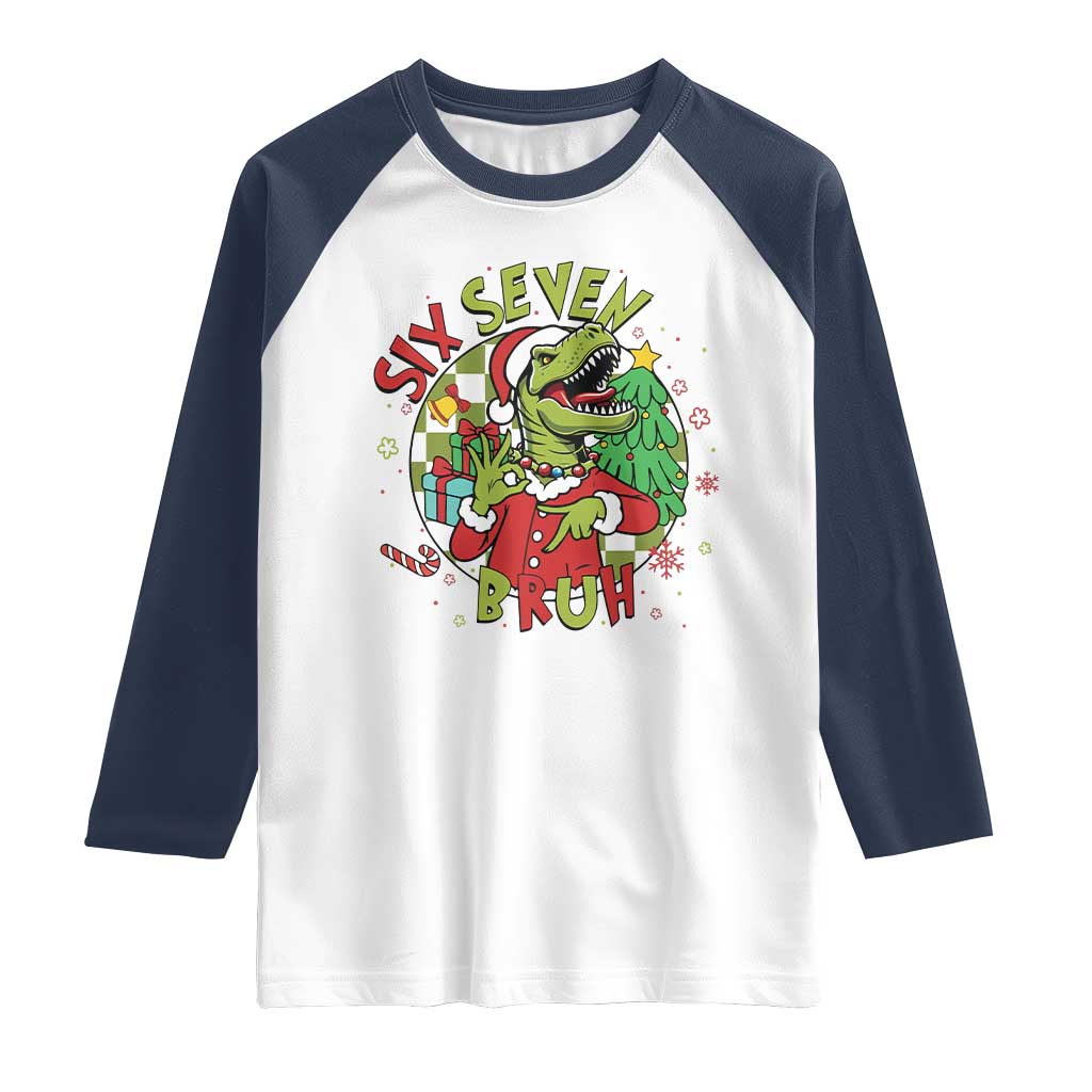 Funny Christmas Dinosaur Lover Gift Raglan Shirt Trending Six Seven Bruh TS12 White Navy Print Your Wear