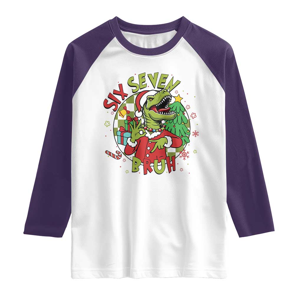 Funny Christmas Dinosaur Lover Gift Raglan Shirt Trending Six Seven Bruh TS12 White Purple Print Your Wear