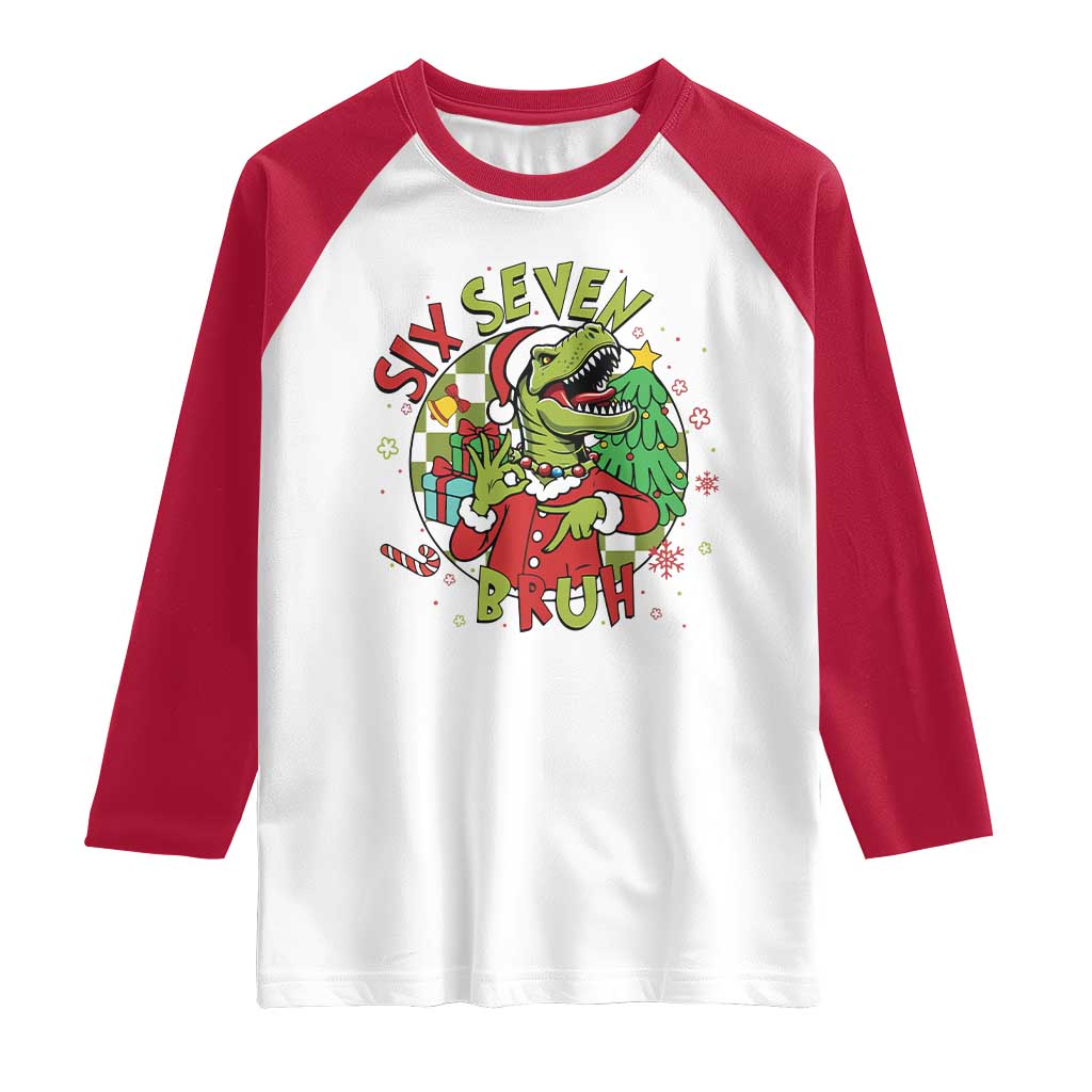 Funny Christmas Dinosaur Lover Gift Raglan Shirt Trending Six Seven Bruh TS12 White Red Print Your Wear