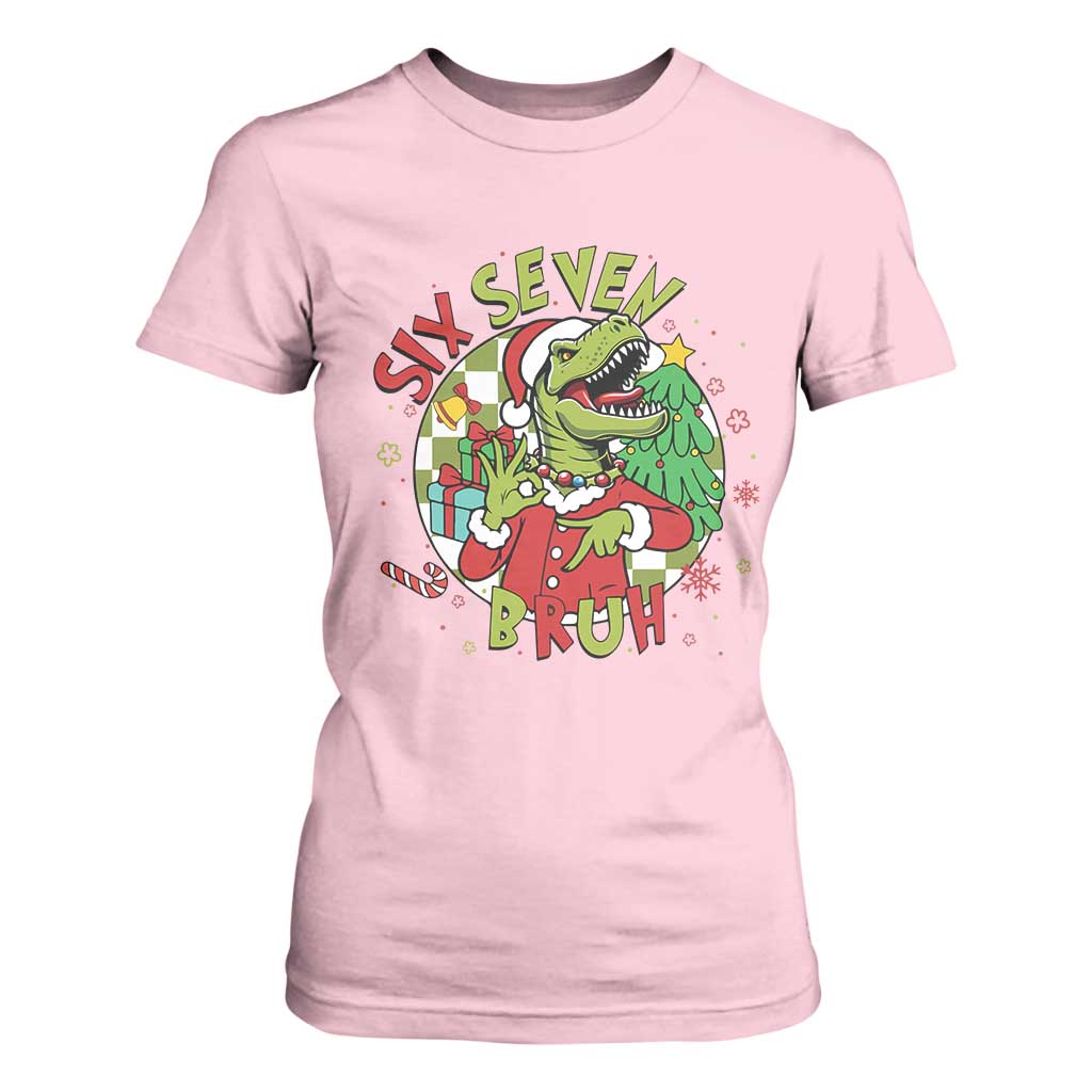 Funny Christmas Dinosaur Lover Gift T Shirt For Women Trending Six Seven Bruh TS12 Light Pink Print Your Wear