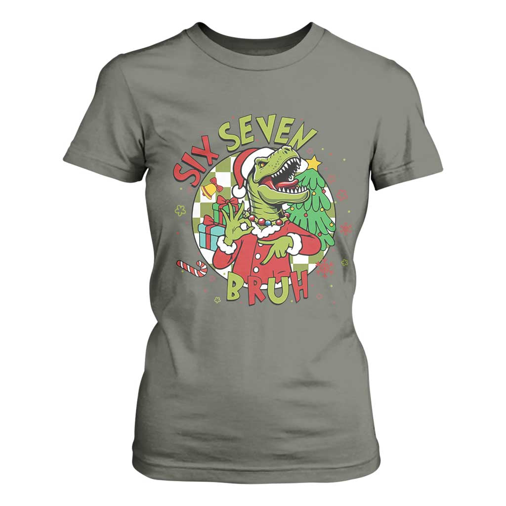 Funny Christmas Dinosaur Lover Gift T Shirt For Women Trending Six Seven Bruh TS12 Military Green Print Your Wear