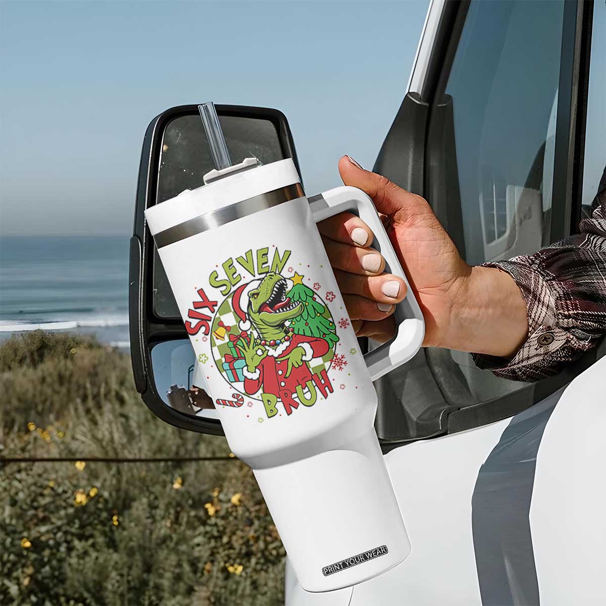 Funny Christmas Dinosaur Lover Gift Tumbler With Handle Trending Six Seven Bruh TS12 Print Your Wear