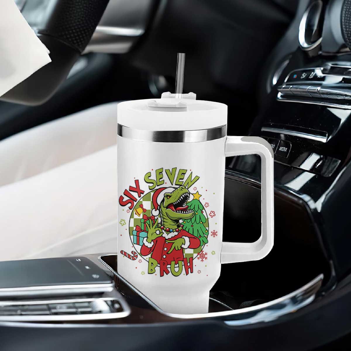 Funny Christmas Dinosaur Lover Gift Tumbler With Handle Trending Six Seven Bruh TS12 Print Your Wear