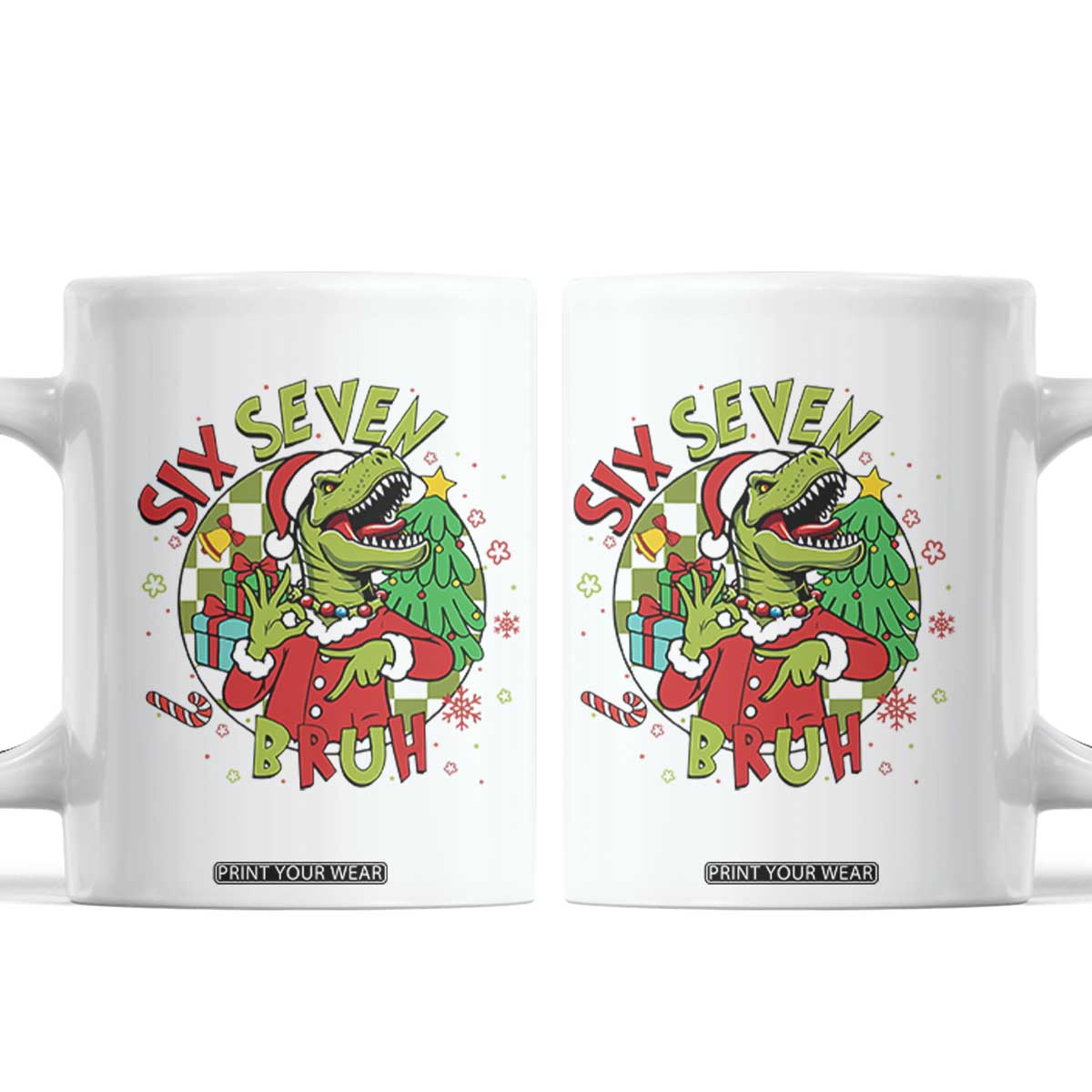Funny Christmas Dinosaur Lover Gift Coffee Mug Trending Six Seven Bruh TS12 White Print Your Wear