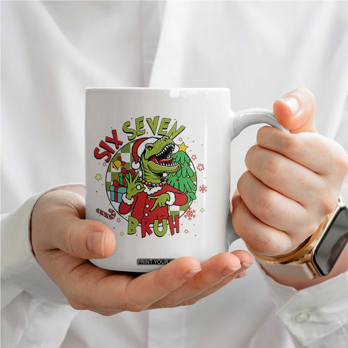 Funny Christmas Dinosaur Lover Gift Coffee Mug Trending Six Seven Bruh TS12 Print Your Wear
