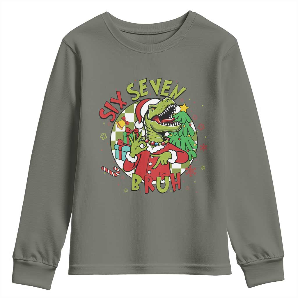 Funny Christmas Dinosaur Lover Gift Youth Sweatshirt Trending Six Seven Bruh TS12 Military Green Print Your Wear
