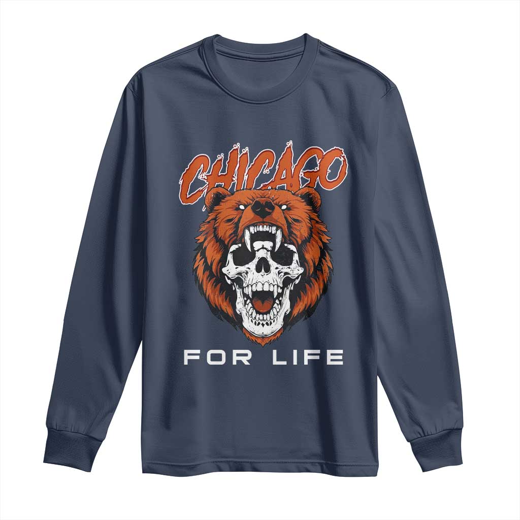 Chicago Football Lovers Long Sleeve Shirt Bear Skull Gothic Fan Gift TS12 Navy Print Your Wear