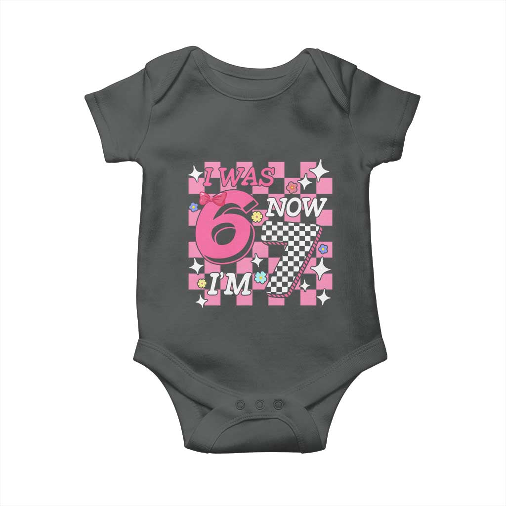 Pink Checkered I Was 6 Now I Am 7 Baby Onesie Girl Birthday Gift TS12 Dark Heather Print Your Wear