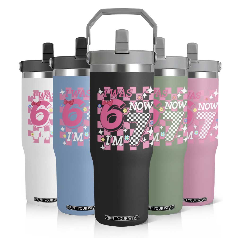 Pink Checkered I Was 6 Now I Am 7 Flip Straw Tumbler Girl Birthday Gift TS12 Print Your Wear