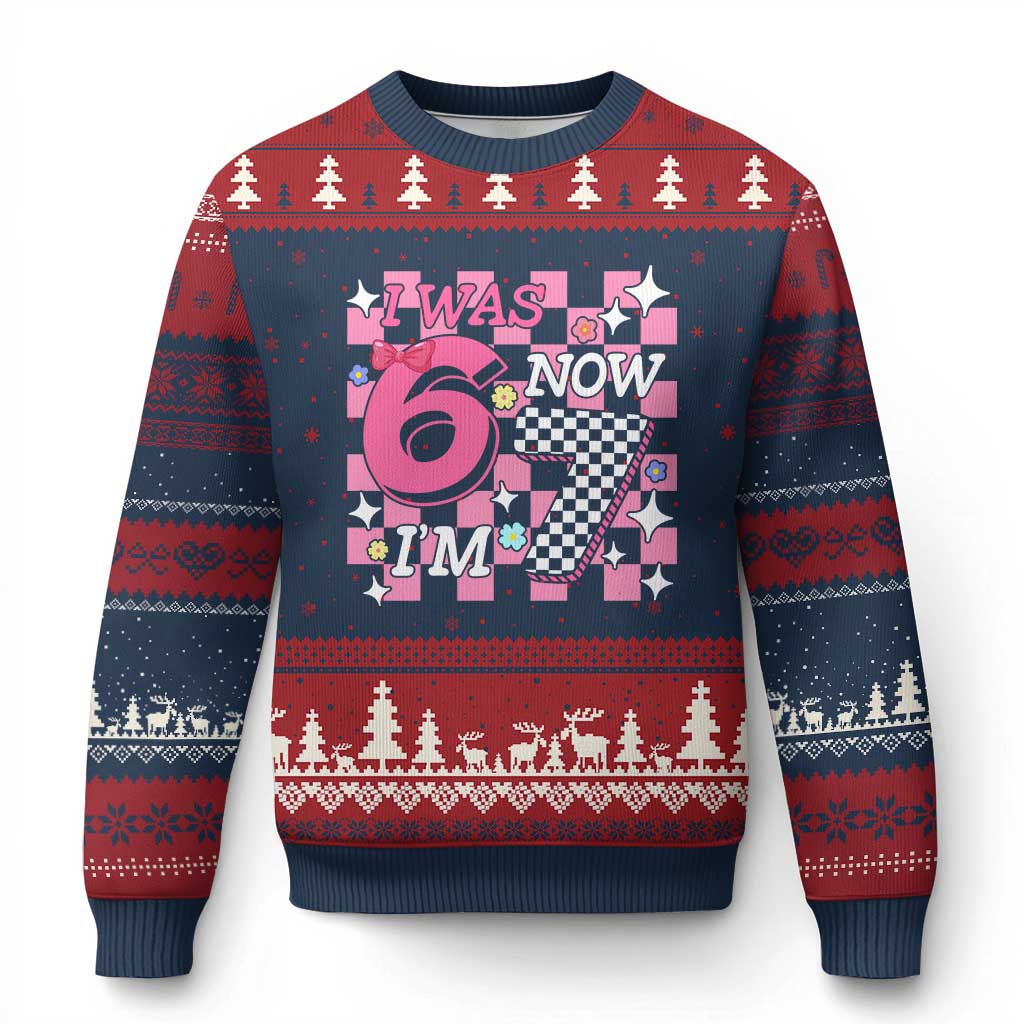 Pink Checkered I Was 6 Now I Am 7 Ugly Christmas Sweater Girl Birthday Gift TS12 Navy Red Print Your Wear