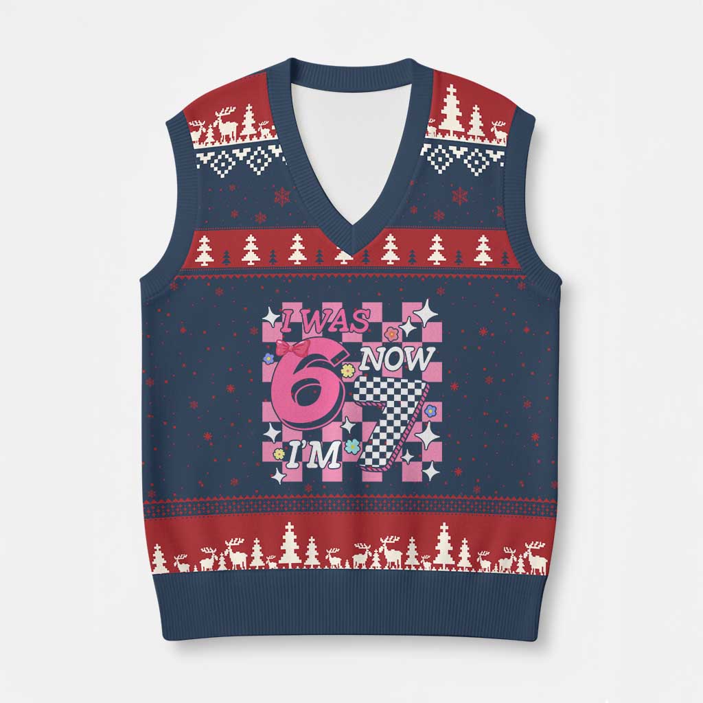Pink Checkered I Was 6 Now I Am 7 V-Neck Knit Sweater Vest Girl Birthday Gift TS12 Navy Red Print Your Wear