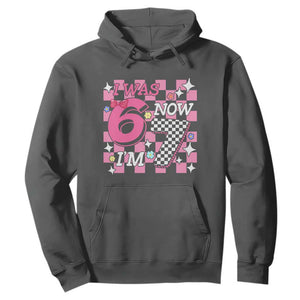 Pink Checkered I Was 6 Now I Am 7 Hoodie Girl Birthday Gift TS12 Dark Heather Print Your Wear