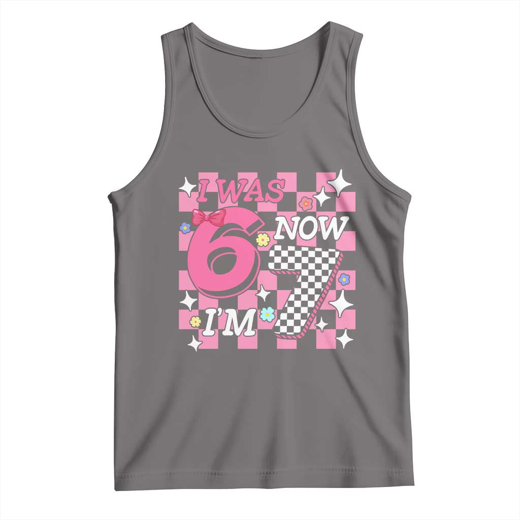 Pink Checkered I Was 6 Now I Am 7 Tank Top Girl Birthday Gift TS12 Deep Heather Print Your Wear