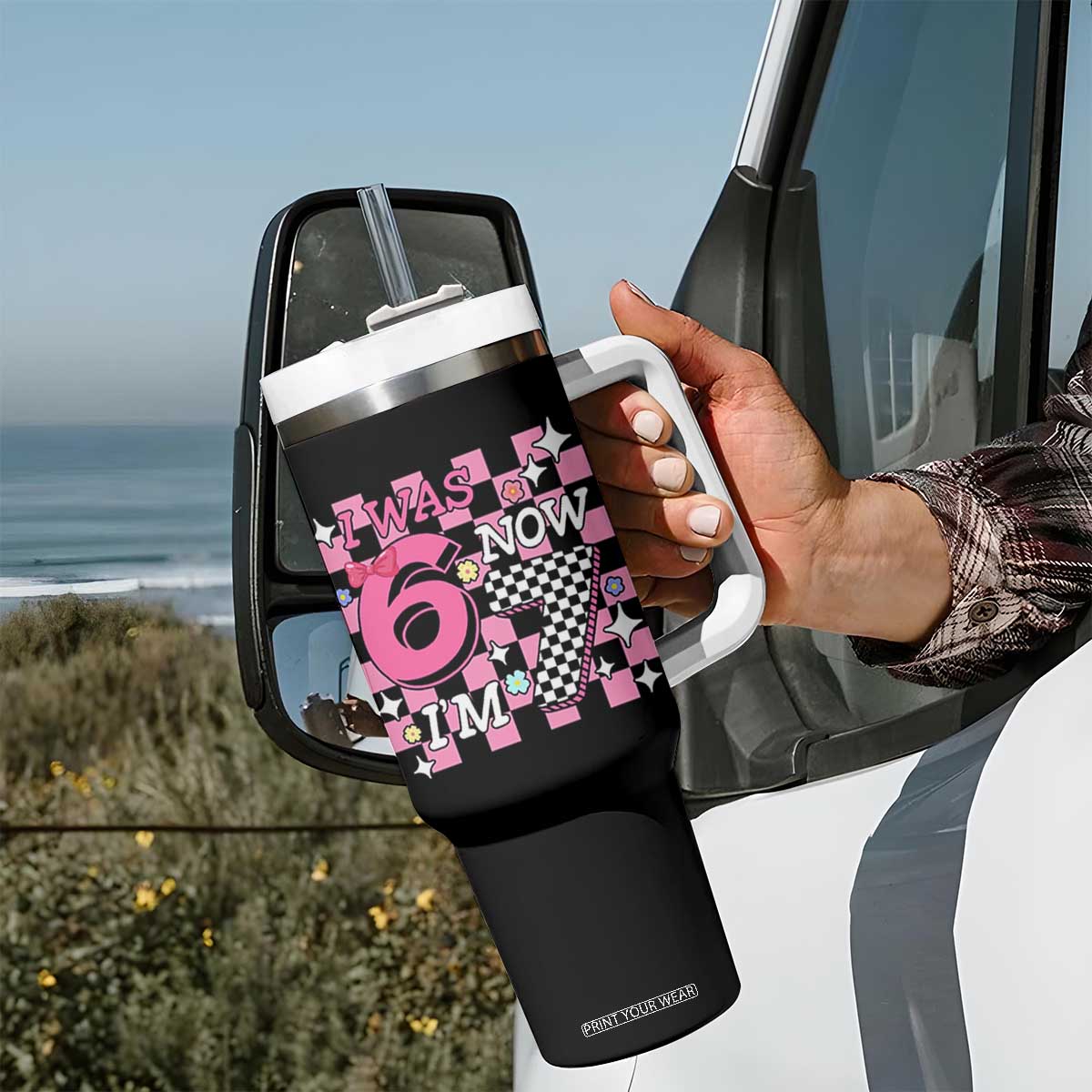 Pink Checkered I Was 6 Now I Am 7 Tumbler With Handle Girl Birthday Gift TS12 Print Your Wear