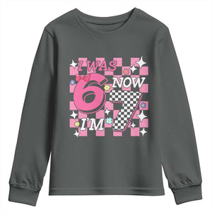 Pink Checkered I Was 6 Now I Am 7 Youth Sweatshirt Girl Birthday Gift TS12 Dark Heather Print Your Wear