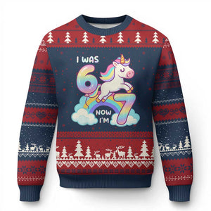 Funny Unicorn I Was 6 Now I Am 7 Ugly Christmas Sweater Girl Seventh Birthday Gift TS12 Navy Red Print Your Wear