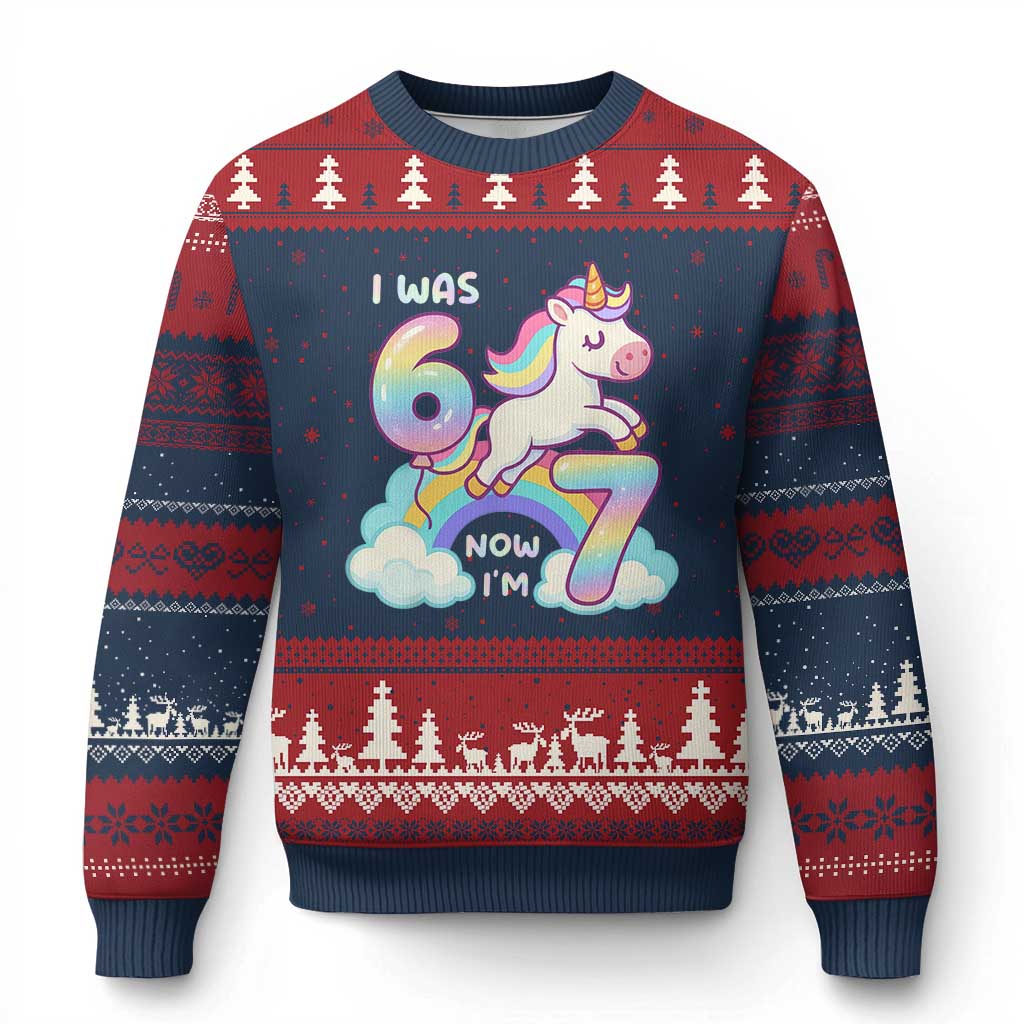 Funny Unicorn I Was 6 Now I Am 7 Ugly Christmas Sweater Girl Seventh Birthday Gift TS12 Navy Red Print Your Wear
