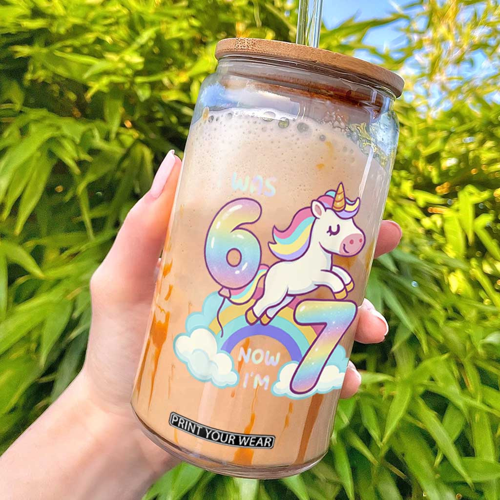 Funny Unicorn I Was 6 Now I Am 7 Glass Can Girl Seventh Birthday Gift TS12 Black Print Your Wear