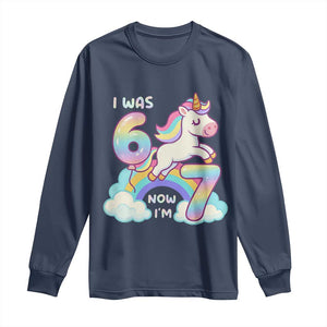 Funny Unicorn I Was 6 Now I Am 7 Long Sleeve Shirt Girl Seventh Birthday Gift TS12 Navy Print Your Wear
