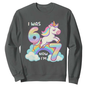 Funny Unicorn I Was 6 Now I Am 7 Sweatshirt Girl Seventh Birthday Gift TS12 Dark Heather Print Your Wear